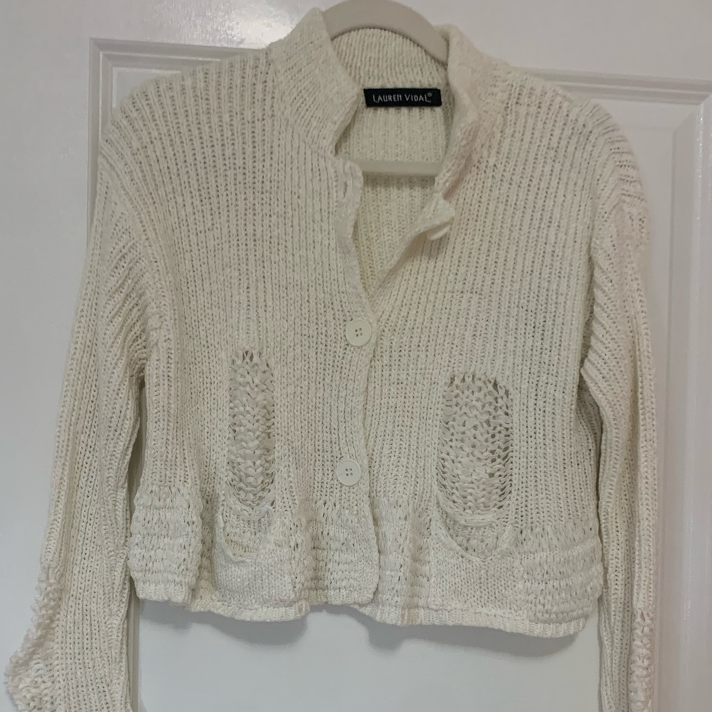 Lauren Vidal Cream Button-Up Cropped Knit Cardigan